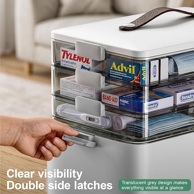 Spreezy 4-Tier Medicine Storage Box for First Aid, Craft, Art, Sewing | Portable Cabinet with Leather Handle, Lid & Clasp, Large Capacity Multifunctional Storage Box, for Home, Dorm/ Office
