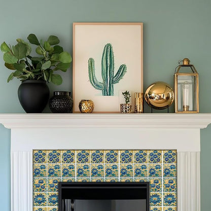36 Pcs 4 Style Blue Flowers Tile Stickers Golden Flowers Peel and Stick Wall Tile Stickers Waterproof Self Adhesive Lotus Stick on Tiles Decals for Kitchen Bathroom Wall Art Decor, 4×4 Inch
