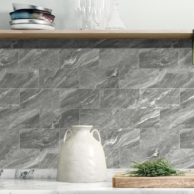 URCOLOR 32-Piece Peel and Stick Backsplash Wall Tile, 4"x 8" PVC Glossy Dark Gray Marble Stick on Subway Tiles for Kitchen, Bathroom, Laundry Room, Camper, Fireplace