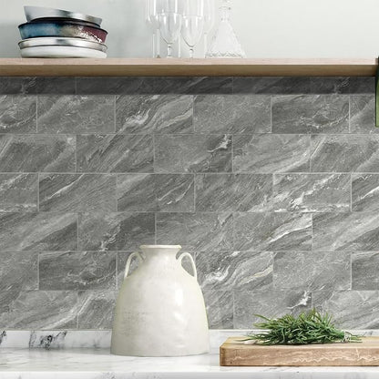 URCOLOR 32-Piece Peel and Stick Backsplash Wall Tile, 4"x 8" PVC Glossy Dark Gray Marble Stick on Subway Tiles for Kitchen, Bathroom, Laundry Room, Camper, Fireplace
