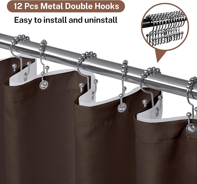 Shower Curtain and Liner, 3 in 1 Shower Curtain Set with 12 Double Sided Shower Curtain Hooks, Cloth Shower Curtains for Bathroom,Waterproof, Brown 72 * 72
