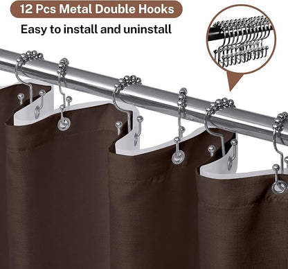 Shower Curtain and Liner, 3 in 1 Shower Curtain Set with 12 Double Sided Shower Curtain Hooks, Cloth Shower Curtains for Bathroom,Waterproof, Brown 72 * 72