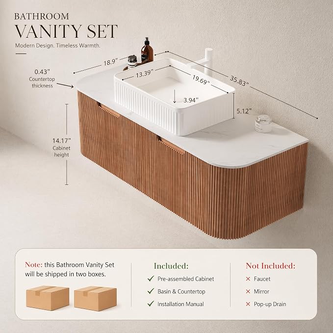 48 Inch Bathroom Vanity with Sink, Floating Wall Mounted Single Sink Vanity, Natural Woodgrain Curved Fluted Front, Stone Top, White Textured Rectangular Vessel Basin, Pre-Assembled