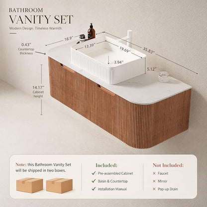 48 Inch Bathroom Vanity with Sink, Floating Wall Mounted Single Sink Vanity, Natural Woodgrain Curved Fluted Front, Stone Top, White Textured Rectangular Vessel Basin, Pre-Assembled