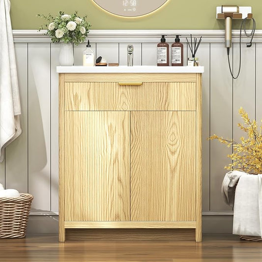 32" Modern Bathroom Vanity with Ceramic Sink, 2 Doors & 1 Drawer, Wooden Storage Cabinet, Actual 31.5" L x 18.5" W x 35.4" H