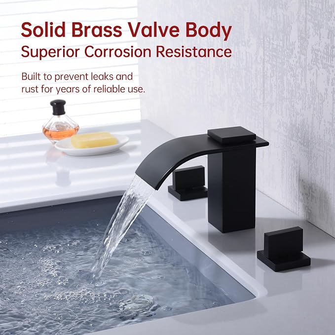 SUMERAIN Matte Black 8 Inch Widespread Waterfall Bathroom Sink Faucet | 3 Hole, 2 Handles, Modern Design, Easy DIY Installation
