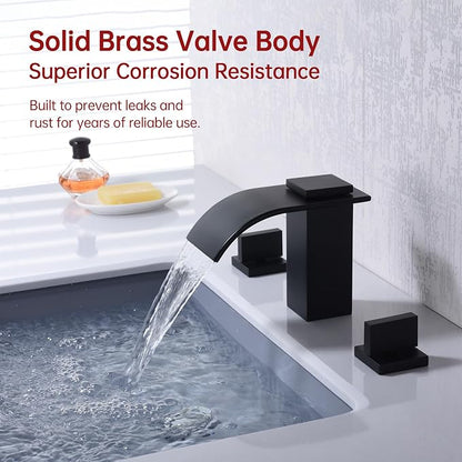 SUMERAIN Matte Black 8 Inch Widespread Waterfall Bathroom Sink Faucet | 3 Hole, 2 Handles, Modern Design, Easy DIY Installation