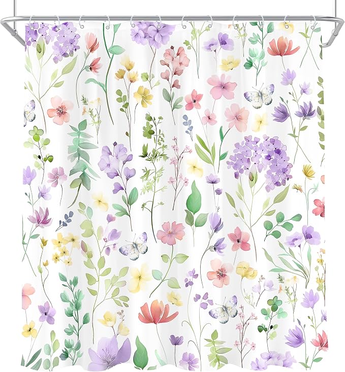 Cute Floral Purple Lilac Flower Wildflower Bathroom Shower Curtain Set | 72"W x 72"H Plants Leaves; waterproof HD print, quick-dry fabric and plastic hooks for easy setup.