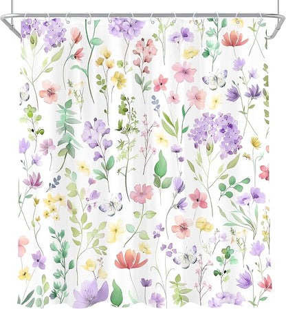 Cute Floral Purple Lilac Flower Wildflower Bathroom Shower Curtain Set | 72"W x 72"H Plants Leaves; waterproof HD print, quick-dry fabric and plastic hooks for easy setup.