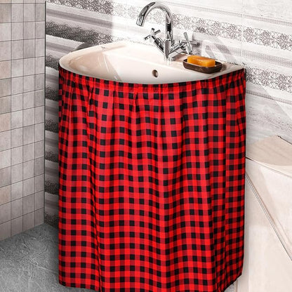 Fabric Sink Skirt Diamond Bathroom Stitch Self Stick Adhesive Waterproof Fabric Under Sink Curtain Skirt 55 x 32 Inch Adds Bathroom Storage(Red and Black,Classic Style)
