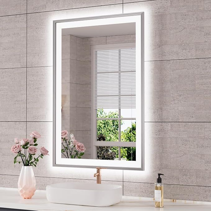 24x36 Inch Silver Frame LED Mirror for Bathroom | Silver Metal Frame, Front and Backlit, 3 Colors, Dimmable, Memory, Anti Fog, Tempered Glass, Lighted Mirror for Wall