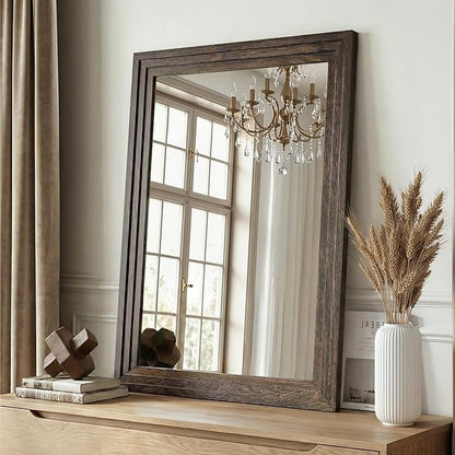 Farmhouse Rustic Wood Framed Bathroom Vanity Mirror for Wall, 24x36, Brown | Recessed Stepped Solid Wood Frame, HD Shatterproof Glass, Vertical/Horizontal Mount, for Bathroom Sink, Living Room, Entryway