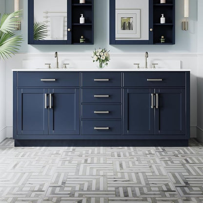 80-Inch Bathroom Vanity with Double Sinks W/ 4 Doors & 4 Drawers & 2 Flip Drawers, Navy Blue Vanity W/Brushed Nickel Handles