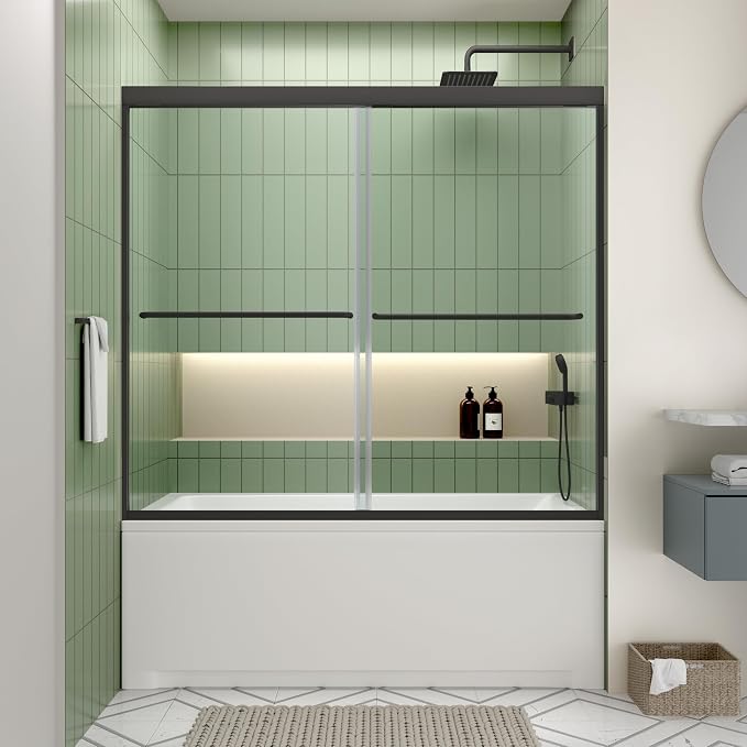 ACE DECOR Double Sliding Bathtub Shower Door 56"-60" W x 58" H, Matte Black | Tub Shower Doors for Walk-in Shower,6mm Clear SGCC Tempered Glass,Bypass Shower Enclosure Easy-Clean Nano Coating&Waterproof