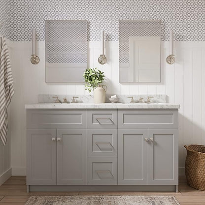 ARIEL Hamlet 60-inch Bathroom Vanity Base Cabinet,Solid Wood, 4 Soft Closing Doors, 3 Dovetail Drawers, Brushed Nickel, Grey