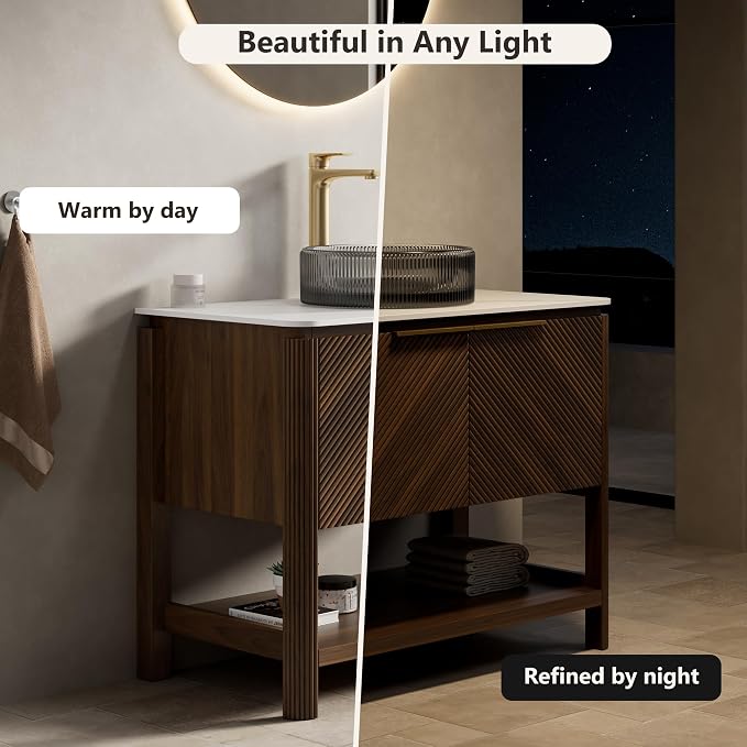 Yayzy 36 Inch Bathroom Vanity with Sink, Freestanding Dark Walnut Bathroom Cabinet, Smoky Gray Glass Vessel Sink, Carrara White Sintered Stone Countertop, Soft Close Doors, Open Storage Shelf