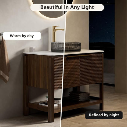 Yayzy 36 Inch Bathroom Vanity with Sink, Freestanding Dark Walnut Bathroom Cabinet, Smoky Gray Glass Vessel Sink, Carrara White Sintered Stone Countertop, Soft Close Doors, Open Storage Shelf