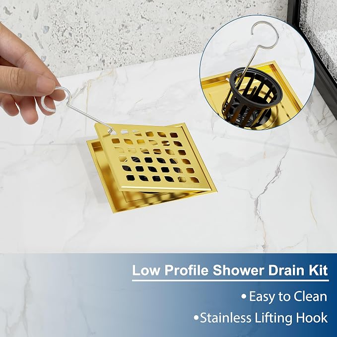 Neodrain 4" Gold Square Shower Drain, with Removable Grate/Drain Key | 304 Stainless Steel Floor Drain , PVC Bonding Flange Base with Anti-Wicking Fabric, For Low Profile Shower Pan