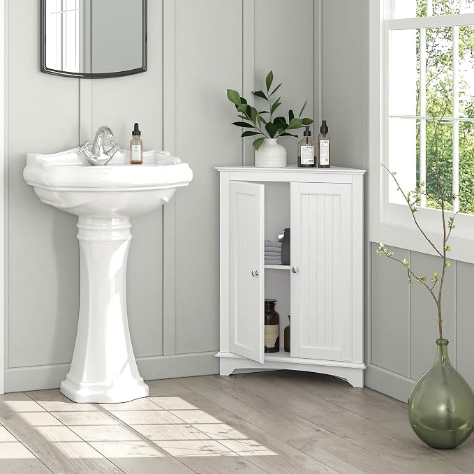 Spirich Corner Bathroom Cabinet with Doors and Adjustable Shelf, White | 2 Beadboard Doors, Adjustable Shelf, Space-Saving Triangular Design for Bathrooms, Kitchens, Living Rooms, and Entryways