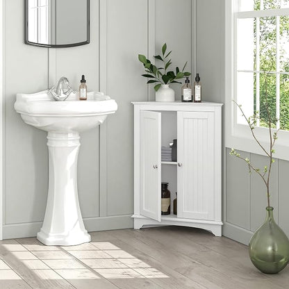 Spirich Corner Bathroom Cabinet with Doors and Adjustable Shelf, White | 2 Beadboard Doors, Adjustable Shelf, Space-Saving Triangular Design for Bathrooms, Kitchens, Living Rooms, and Entryways