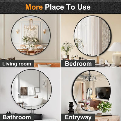 30 Inch Black Round Circle Mirror for Bathroom Wall, Metal Frame | HD tempered glass for clear, distortion-free reflection. Mounting hardware included for vertical or horizontal wall mount.