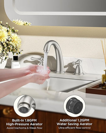 FORIOUS Bathroom Faucet 3 Hole Widespread 8" Sink Faucets Brushed Nickel | 3-hole 6-12 Inch Widespread Sink, 2 Lever Handle, with Drain and Hoses,for Vanity Rv Commercial Lavatory Restroom Farmhouse