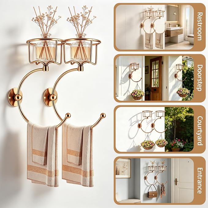 2-Pack Gold Towel & Candle Holder – Rustproof Wall Hooks Set for Bathroom Decor.