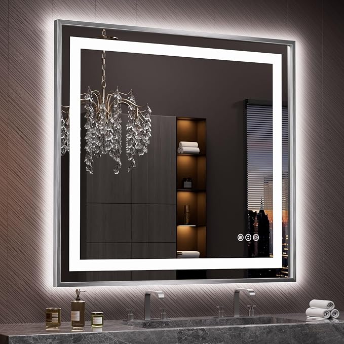 LED Bathroom Mirror 40"X38", Front Light and Backlit(Brushed Silver) | Metal Framed Mirror, Stepless Dimmable, Anti-Fog, HD Reflection, Shatter-Proof, Memory, 3 Colors, Double LED Vanity Mirror.