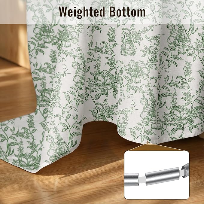 Farmhouse Sage Green Floral Shower Curtain with 12 Clear Rings 72"W x 72"L | Boho Fabric Shower Curtain Set, Vintage Cottagecore Shower Curtain for Bathroom