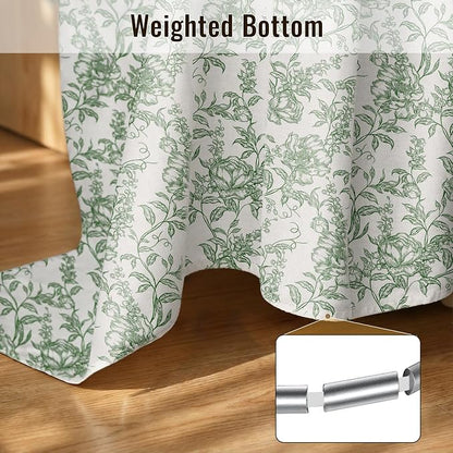 Farmhouse Sage Green Floral Shower Curtain with 12 Clear Rings 72"W x 72"L | Boho Fabric Shower Curtain Set, Vintage Cottagecore Shower Curtain for Bathroom