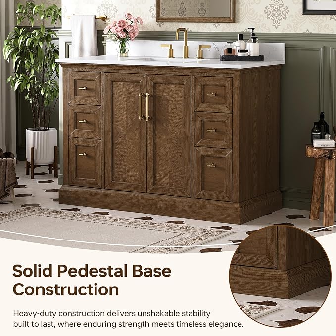 48 Inch Walnut Bathroom Vanity with Sink, Freestanding Transitional Vanities, Soft Close Parquet Doors & Dovetail Drawers, Fully Assembled Solid Wood Vanity for Bathroom Renovation