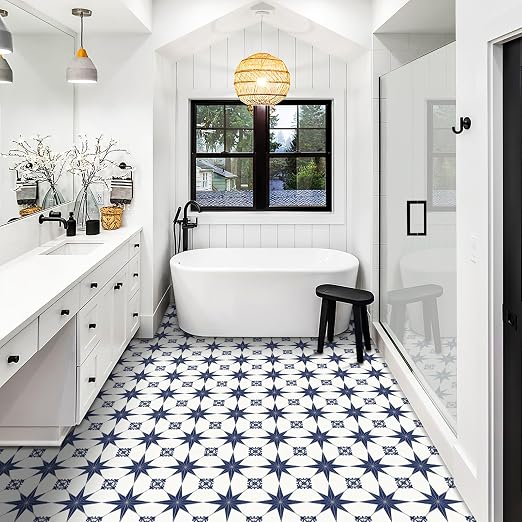 MORCART 40PCS 7.87" x 7.87" Peel and Stick Floor Tile, Blue Star | Self-Adhesive DIY Vinyl Flooring, Removable and Waterproof Tile Sticker for Bathroom, Kitchen, Wall, Bedroom, Stairs