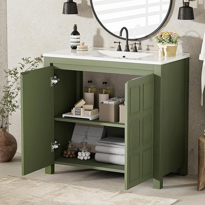 36" Bathroom Vanity,Farmhouse Vanity with Ceramic Sink, Set Bathroom Storage Cabinet, Olive Green