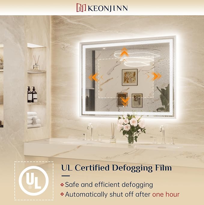 Keonjinn 40x30 Inch Nickel LED Bathroom Mirror with Lights, Beveled Edge | Frontlit & Backlit, Lighted Bathroom Mirror, HD Tempered Glass, 3 Color Temperatures, Anti-fog, Stepless Dimmable