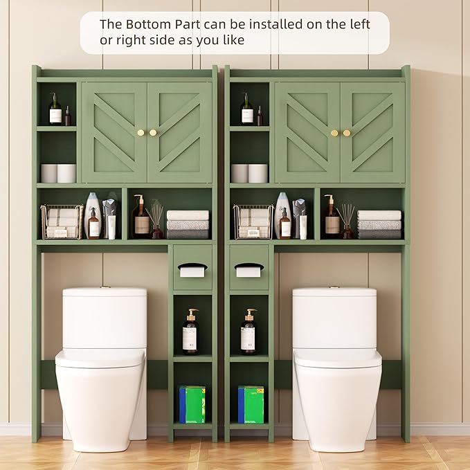 Shintenchi Over the Toilet Storage Cabinet, Bathroom Storage Cabient with Barn Doors, Bathroom Storage Shelf Organizer with Toilet Paper Holder, Adjustable Shelf and Anti-Tip Device, Green
