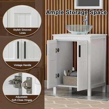 UEV White 24" Bathroom Vanity with Sink Combo,Modern Vanity with Vessel Sink,Stylish Bathroom Vanity Cabinet,Grooved Doors & Metal Handles,Modern Glass Round Bowl Tempered Glass Vessel Sink(A16)