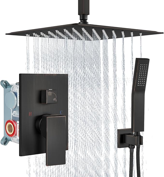 Aolemi Ceiling Mount Shower System Rain Shower Head with Handheld Spray High Pressure Shower Faucet Set Rough-in Valve Shower Trim Kit Included Bathroom Oil Rubbed Bronze 16 Inch Ceiling Shower Head