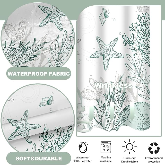 No Hook Shower Curtain and Liner Set, Green Beach Coastal 71x74 | Nautical Ocean for Bathroom, with Snap in Liner Replacement, Mesh Top Window, Waterproof, Machine Washable, Quick-Drying