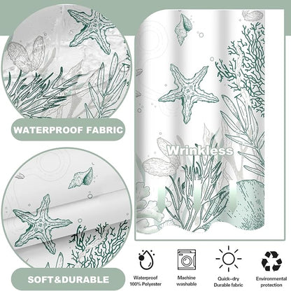 No Hook Shower Curtain and Liner Set, Green Beach Coastal 71x74 | Nautical Ocean for Bathroom, with Snap in Liner Replacement, Mesh Top Window, Waterproof, Machine Washable, Quick-Drying