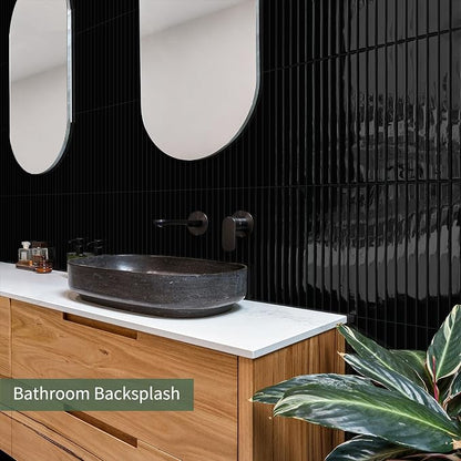 10-Sheet Upgraded Thick Peel and Stick Kitchen Backsplash Tiles | Waterproof Premium Self-Adhesive Wall Tile Stick on Backsplash for Kitchen,Bathroom and Fireplace(Black,12"×12")