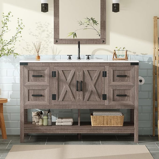 AMERLIFE 48” Farmhouse Bathroom Vanity with Sink, Freestanding Cabinet with 4 Drawers, Double Barn Doors & Open Shelf, Rustic Storage for Master or Family Bathroom, Light Gray