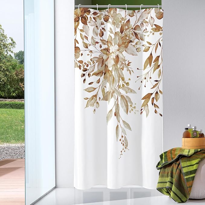 Brown Eucalyptus Shower Curtain, Watercolor Floral Print, 54x78 | Watercolor Plant Leaves Floral Print, Stall Waterproof Fabric Bathroom Decor, Machine Washable, Rustproof Grommets