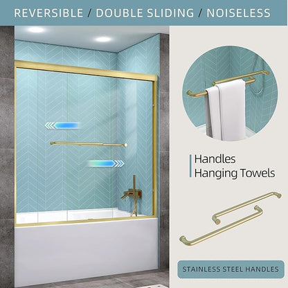 GETPRO Shower Door Double Sliding 56-60 in. W x 58 in. H Semi-Frameless Bypass Bathroom Tub Shower Glass Door,1/4 inch Clear Tempered Glass Bathtub Door Brushed Gold