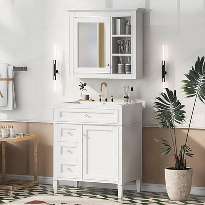 Merax 30 Inch Bathroom Vanity with Sink, Modern Bathroom Vanity Storage Cabinet with Matching Mirror Medicine Cabinet, Solid Wood Frame，Painted Finish, 2 Drawers and 1 Tip-Out Drawer, White
