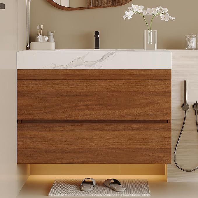 30 inch Modern Floating Bathroom Vanity with Ceramic Sink and Faux Marble Countertop, Wall-Mounted Bathroom Sink Cabinet with 2 Soft Closing Drawers for Bathroom, Powder Room, Apartment, Walnut