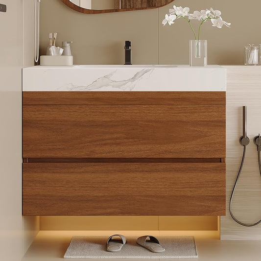 30 inch Modern Floating Bathroom Vanity with Ceramic Sink and Faux Marble Countertop, Wall-Mounted Bathroom Sink Cabinet with 2 Soft Closing Drawers for Bathroom, Powder Room, Apartment, Walnut