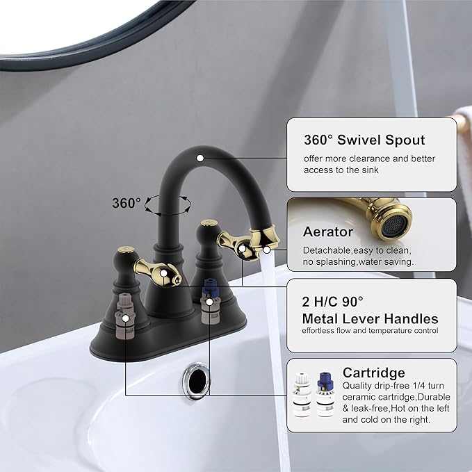 Two Handle Bathroom Sink Faucet,3 Hole with Overflow Pop up Drain, 360° Swivel Spout 4 Inch Centerset Lavatory Faucet,Matte Black with Polished Brass Trim Finished,F-4501-MG