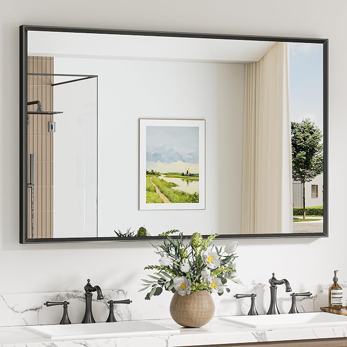 Keonjinn 48 x 30 Inch Black Bathroom Mirrors for Over Sink, Metal Frame | Rectangular Mirrors for Wall, Beveled Framed Design, Rustic Bathroom Vanity Mirror, Safety HD Tempered Glass, Square Corner