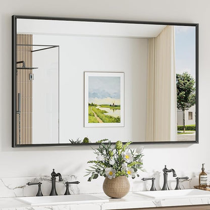 Keonjinn 48 x 30 Inch Black Bathroom Mirrors for Over Sink, Metal Frame | Rectangular Mirrors for Wall, Beveled Framed Design, Rustic Bathroom Vanity Mirror, Safety HD Tempered Glass, Square Corner