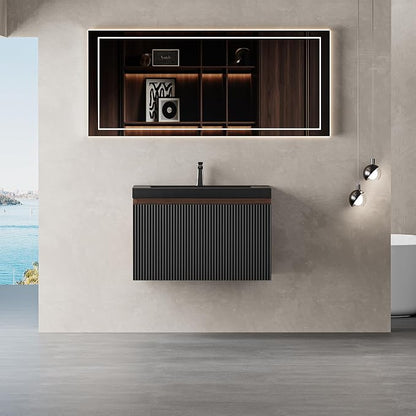 24 Inch Floating Bathroom Vanity, Smoked Walnut Wall Mounted Striped Cabinet, Black Quartz Sand Basin, Soft Close Drawers, Fully Assembled